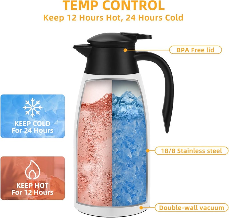 GearRoot 70oz Coffee Carafe Airpot Insulated Coffee Urn Stainless Steel Vacuum Thermal Pot Flask Dispenser for Coffee, Hot Water, Tea, Hot Beverage - Keep 12 Hours Hot, 24 Hours Cold -White - Image 2